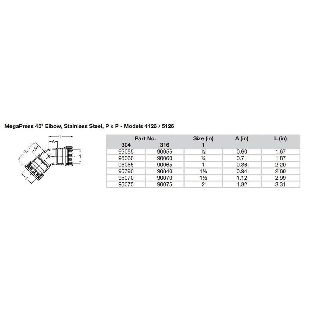 Viega MegaPress 1 45 Stainless Steel 304 Elbow Double Press Connection Smart Connect Technology 95065
