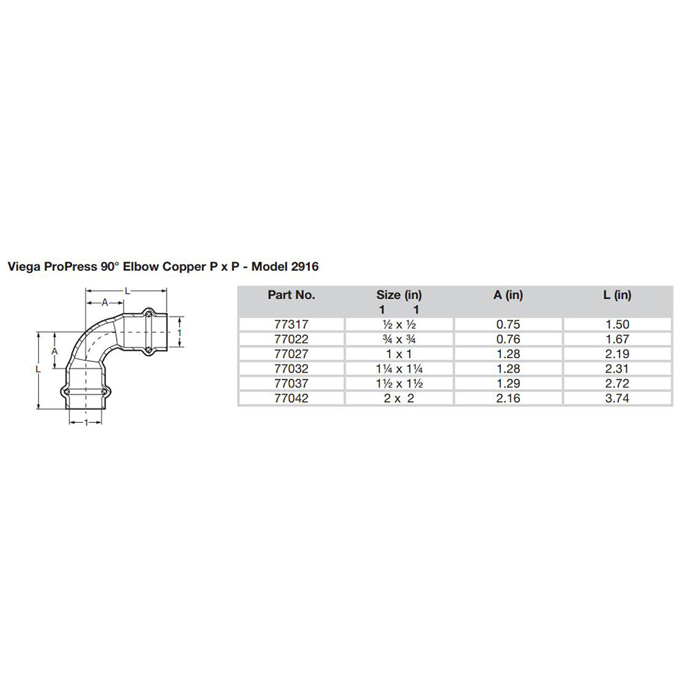 Viega ProPress 12  90 Copper Elbow  Double Press Connection  Smart Connect Technology 77317