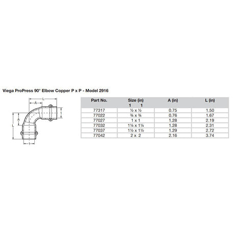 Viega ProPress 2  90 Copper Elbow  Double Press Connection  Smart Connect Technology 77042