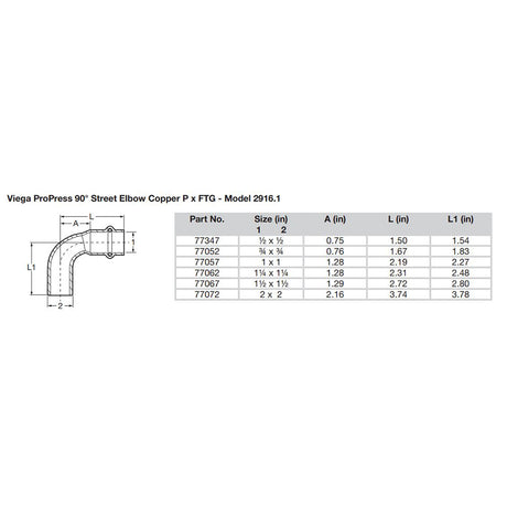 Viega Propress 12  90 Copper Elbow  StreetPress Connection  Smart Connect Technology 77347