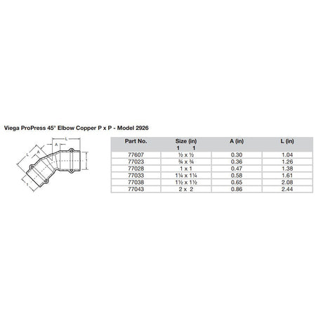 Viega ProPress 12  45 Copper Elbow  Double Press Connection  Smart Connect Technology 77607