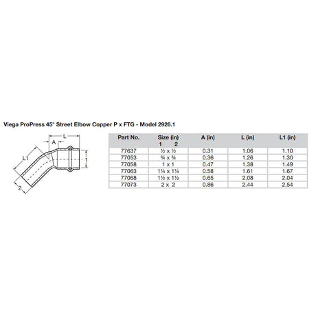 Viega ProPress 2 45 Copper Elbow  StreetPress Connection  Smart Connect Technology 77073