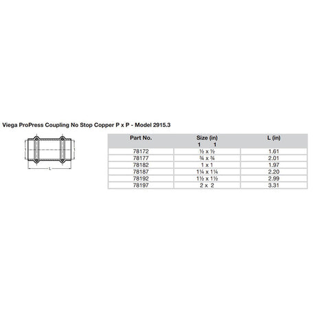 Viega ProPress 1 Copper Coupling wo Stop  Double Press Connection  Smart Connect Technology 78182
