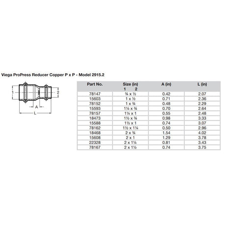 Viega ProPress 1 x 34 Copper Reducer  Double Press Connection  Smart Connect Technology 78152