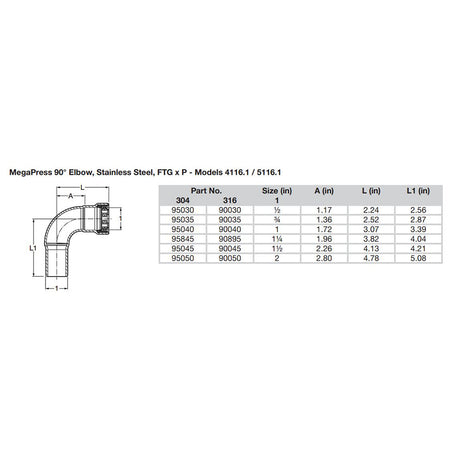 Viega MegaPress 12 90 Stainless 304 Elbow  StreetPress Connection  Smart Connect Technology 95030