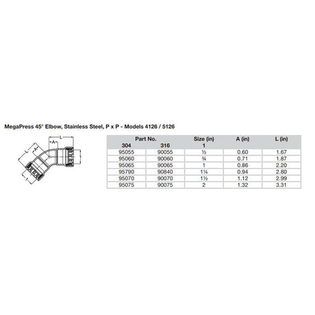 Viega MegaPress 34 45 Stainless Steel 304 Elbow  Double Press Connection  Smart Connect Technology 95060