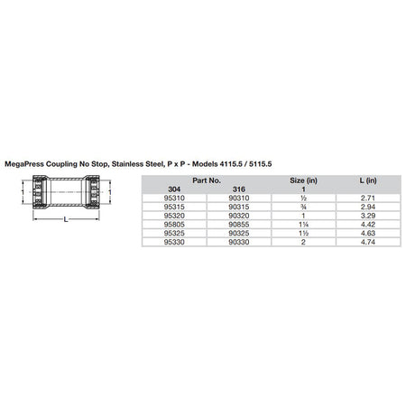 Viega MegaPress 34 Stainless Steel 304 Coupling wo Stop  Double Press Connection  Smart Connect Technology 95315