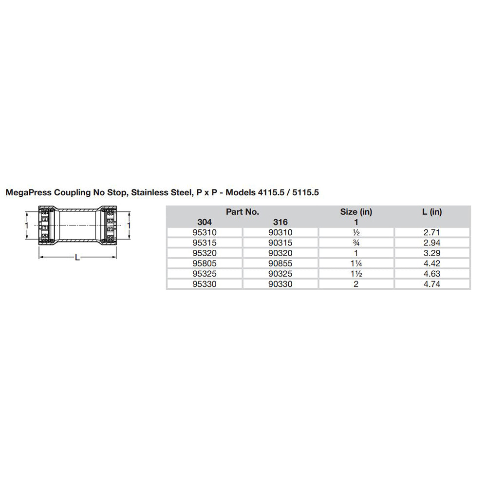 Viega MegaPress 112 Stainless Steel 304 Coupling wo Stop  Double Press Connection  Smart Connect Technology 95325